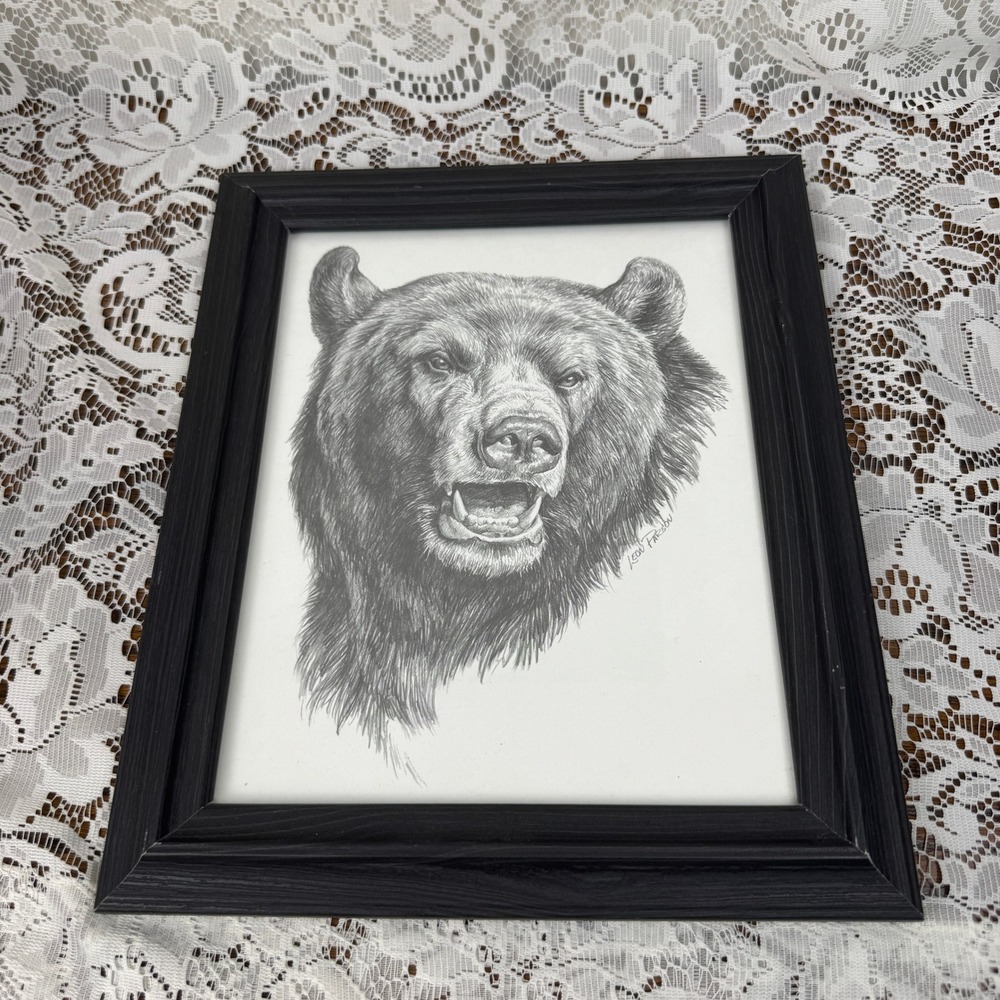Leon Parson Grizzly Bear Pencil Sketch Print Framed Wildlife Art Rustic Decor